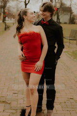 Misshow Red Satin Tight Short Homecoming Dress/Mini Dress with Feathers