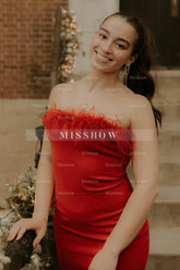 Misshow Red Satin Tight Short Homecoming Dress/Mini Dress with Feathers