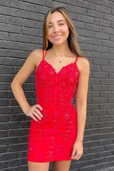 Misshow Red Spaghetti Straps Tight Short Homecoming Dress/Mini Dress With Lace