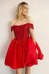 Misshow Red Sparkly Off The Shoulder Corset A Line Short Homecoming Dress/Mini Dress
