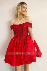 Misshow Red Sparkly Off The Shoulder Corset A Line Short Homecoming Dress/Mini Dress