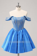 Misshow Red Sparkly Off The Shoulder Corset A Line Short Homecoming Dress/Mini Dress