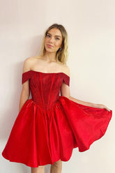 Misshow Red Sparkly Off The Shoulder Corset A Line Short Homecoming Dress/Mini Dress