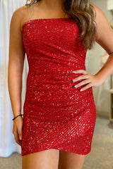 Misshow Red Sparkly Strapless Tight Short Homecoming Dress/Mini Dress with Sequins