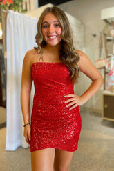 Misshow Red Sparkly Strapless Tight Short Homecoming Dress/Mini Dress with Sequins