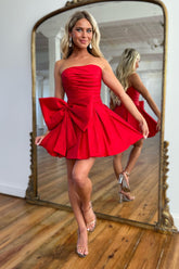 Misshow Red Strapless A-Line Satin Short Homecoming Dress/Mini Dress with Bowknot