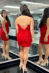 Misshow Red Strapless Tight Short Homecoming Dress/Mini Dress with Lace