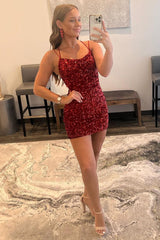Misshow Red Tight Sequins Backless Homecoming Dress/Mini Dress