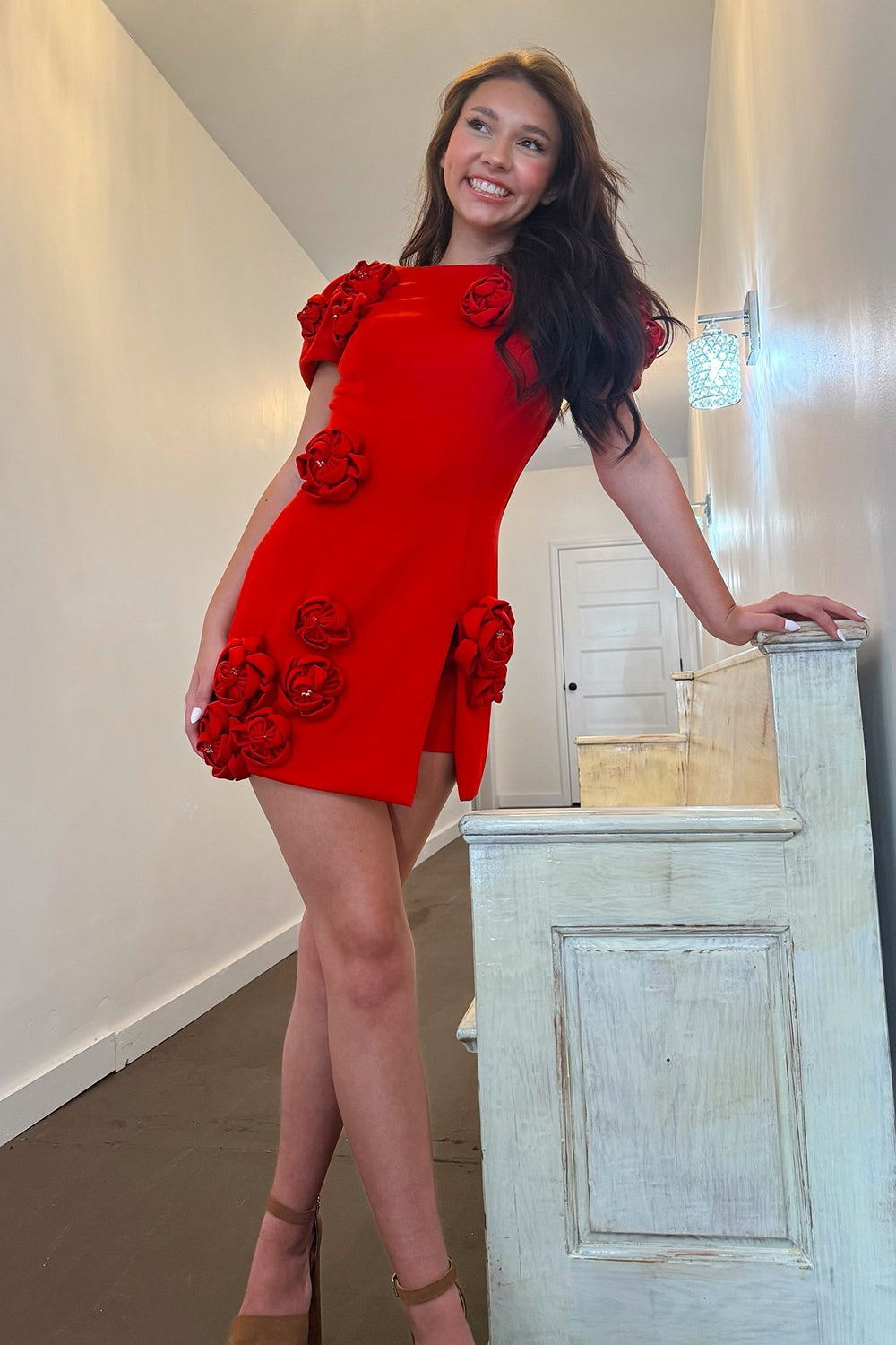 Misshow Red Tight Short Homecoming Dress/Mini Dress With 3D Flowers