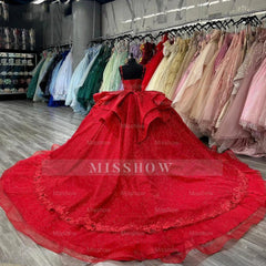 Misshow Red Tulle Quinceanera Dress Sweetheart Neckline with Lace Appliques & Beaded Spaghetti Straps for Sweet 16 or Ball Gown Events