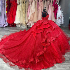 Misshow Red Tulle Quinceanera Dress Sweetheart Neckline with Lace Appliques & Beaded Spaghetti Straps for Sweet 16 or Ball Gown Events