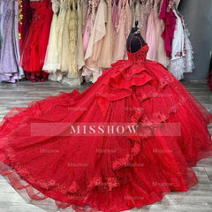 Misshow Red Tulle Quinceanera Dress Sweetheart Neckline with Lace Appliques & Beaded Spaghetti Straps for Sweet 16 or Ball Gown Events