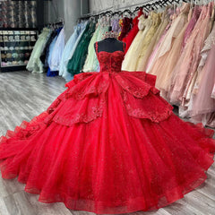 Misshow Red Tulle Quinceanera Dress Sweetheart Neckline with Lace Appliques & Beaded Spaghetti Straps for Sweet 16 or Ball Gown Events