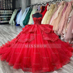 Misshow Red Tulle Quinceanera Dress Sweetheart Neckline with Lace Appliques & Beaded Spaghetti Straps for Sweet 16 or Ball Gown Events