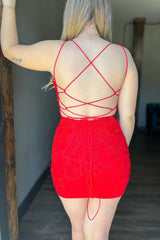 Misshow Red V-Neck Lace Tight Short Homecoming Dress/Mini Dress