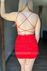 Misshow Red V-Neck Lace Tight Short Homecoming Dress/Mini Dress