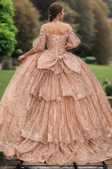 Misshow Rose Gold Ball Gown Off-Shoulder 3D Butterfly & Glitter Tulle Quinceanera Dress for Sweet 16 & Birthday Parties