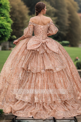 Misshow Rose Gold Ball Gown Off-Shoulder 3D Butterfly & Glitter Tulle Quinceanera Dress for Sweet 16 & Birthday Parties