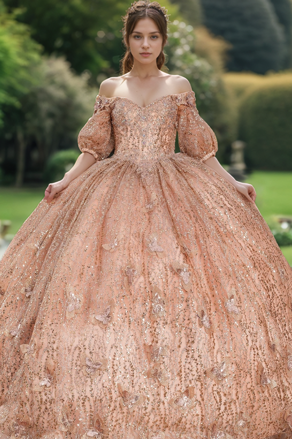 Misshow Rose Gold Ball Gown Off-Shoulder 3D Butterfly & Glitter Tulle Quinceanera Dress for Sweet 16 & Birthday Parties
