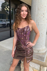 Misshow Rose Gold Spaghetti Straps Mirror Tight Short Homecoming Dress/Mini Dress with Beading