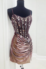 Misshow Rose Gold Spaghetti Straps Mirror Tight Short Homecoming Dress/Mini Dress with Beading