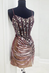 Misshow Rose Gold Spaghetti Straps Mirror Tight Short Homecoming Dress/Mini Dress with Beading