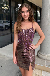Misshow Rose Gold Spaghetti Straps Mirror Tight Short Homecoming Dress/Mini Dress with Beading