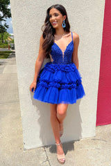 Misshow Royal Blue A Line Ruffled Homecoming Dress/Mini Dress With Appliques