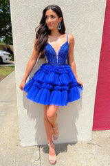 Misshow Royal Blue A Line Ruffled Homecoming Dress/Mini Dress With Appliques