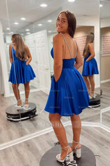 Misshow Royal Blue A-Line Spaghetti Straps Short Homecoming Dress/Mini Dress with Pockets