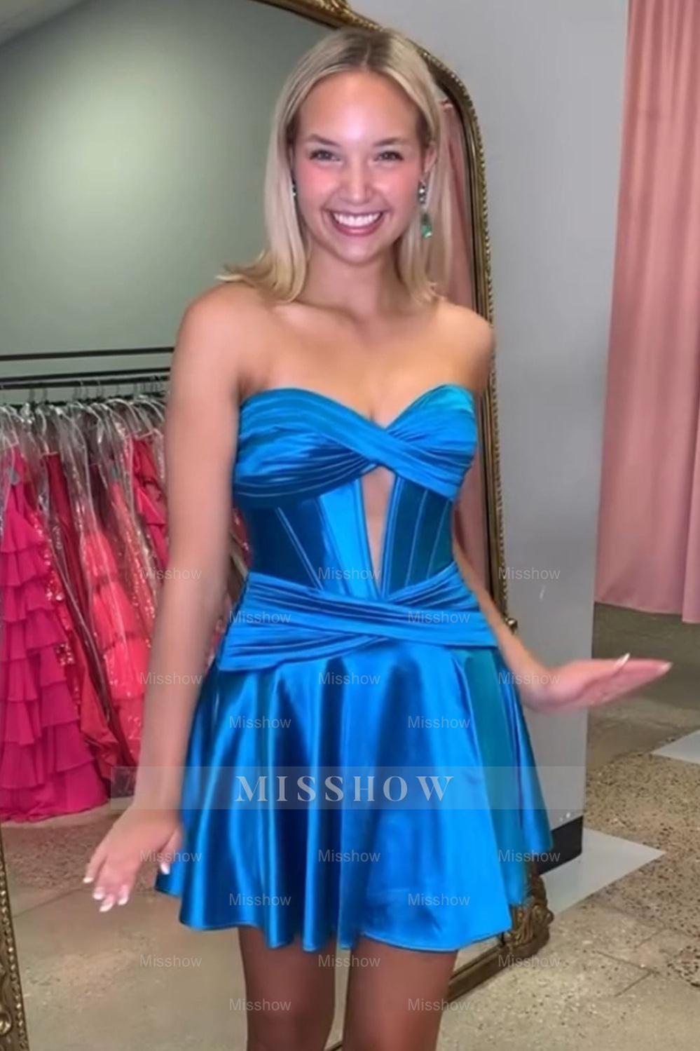Misshow Royal Blue A Line Strapless Corset Short Homecoming Dress/Mini Dress with keyhole