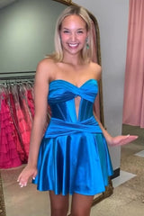 Misshow Royal Blue A Line Strapless Corset Short Homecoming Dress/Mini Dress with keyhole