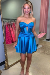 Misshow Royal Blue A Line Strapless Corset Short Homecoming Dress/Mini Dress with keyhole