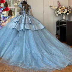 Misshow Royal Blue Ball Gown 3D Floral Lace Applique Beaded Tiered Tulle Quinceanera Dress for Sweet 16 & Princess Parties