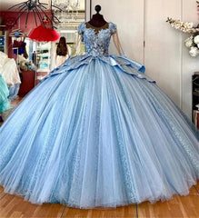 Misshow Royal Blue Ball Gown 3D Floral Lace Applique Beaded Tiered Tulle Quinceanera Dress for Sweet 16 & Princess Parties