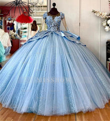 Misshow Royal Blue Ball Gown 3D Floral Lace Applique Beaded Tiered Tulle Quinceanera Dress for Sweet 16 & Princess Parties