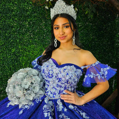 Misshow Royal Blue Ball Gown Off-Shoulder Floral Lace & Beaded Tulle Quinceanera Dress for Sweet 16 & Princess Evening Parties