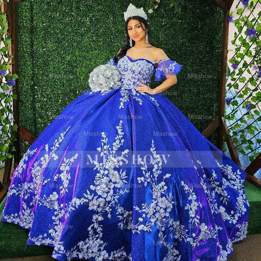 Misshow Royal Blue Ball Gown Off-Shoulder Floral Lace & Beaded Tulle Quinceanera Dress for Sweet 16 & Princess Evening Parties