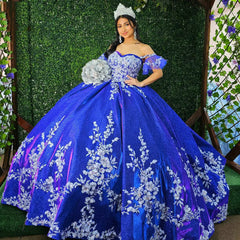 Misshow Royal Blue Ball Gown Off-Shoulder Floral Lace & Beaded Tulle Quinceanera Dress for Sweet 16 & Princess Evening Parties
