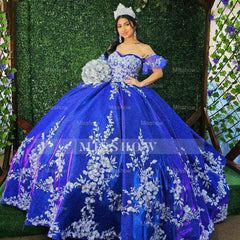 Misshow Royal Blue Ball Gown Off-Shoulder Floral Lace & Beaded Tulle Quinceanera Dress for Sweet 16 & Princess Evening Parties