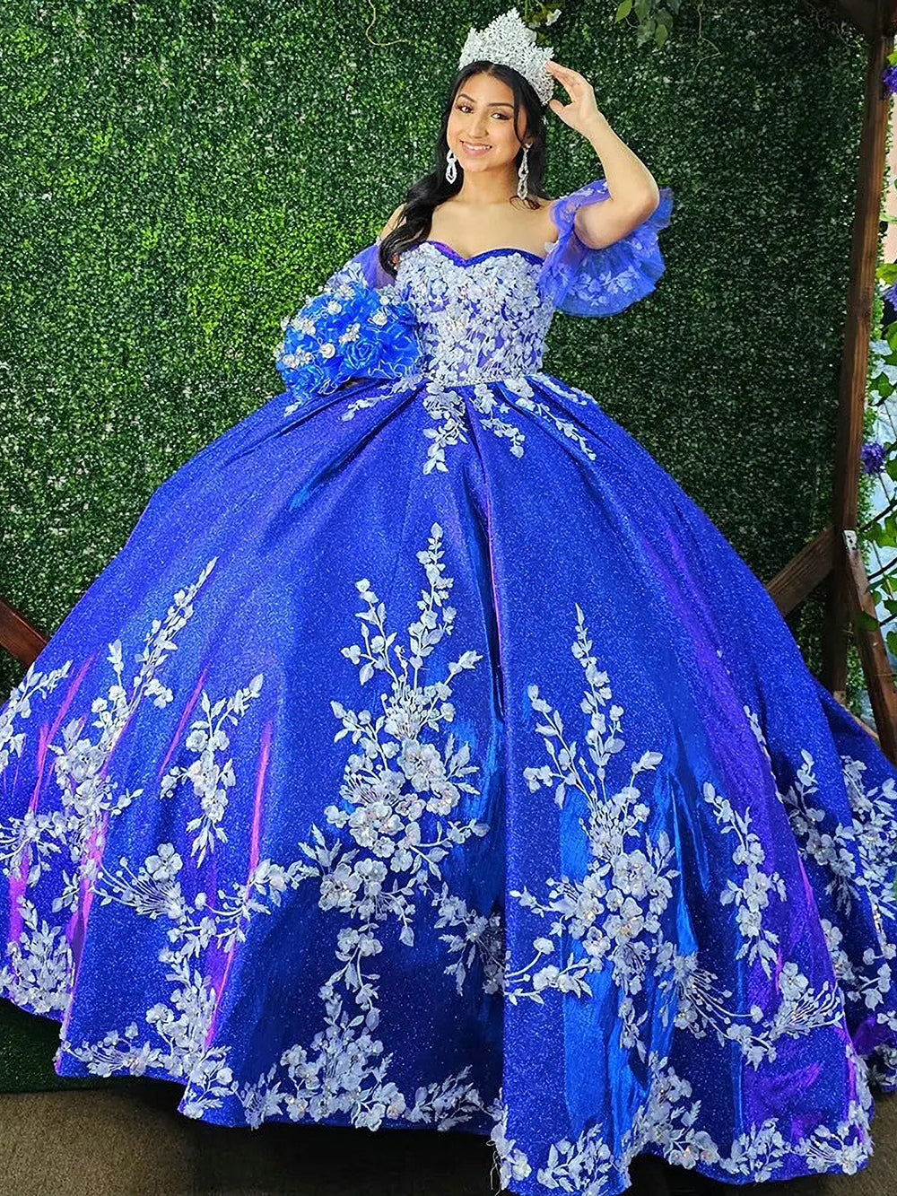 Misshow Royal Blue Ball Gown Off-Shoulder Floral Lace & Beaded Tulle Quinceanera Dress for Sweet 16 & Princess Evening Parties