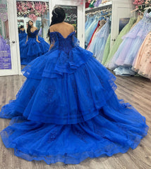 Misshow Royal Blue Ball Gown Off-Shoulder Lace Applique Beaded Tulle Princess Dress for Quinceanera & Sweet 16