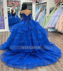 Misshow Royal Blue Ball Gown Off-Shoulder Lace Applique Beaded Tulle Princess Dress for Quinceanera & Sweet 16