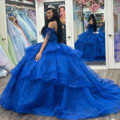 Misshow Royal Blue Ball Gown Off-Shoulder Lace Applique Beaded Tulle Princess Dress for Quinceanera & Sweet 16