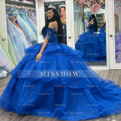 Misshow Royal Blue Ball Gown Off-Shoulder Lace Applique Beaded Tulle Princess Dress for Quinceanera & Sweet 16