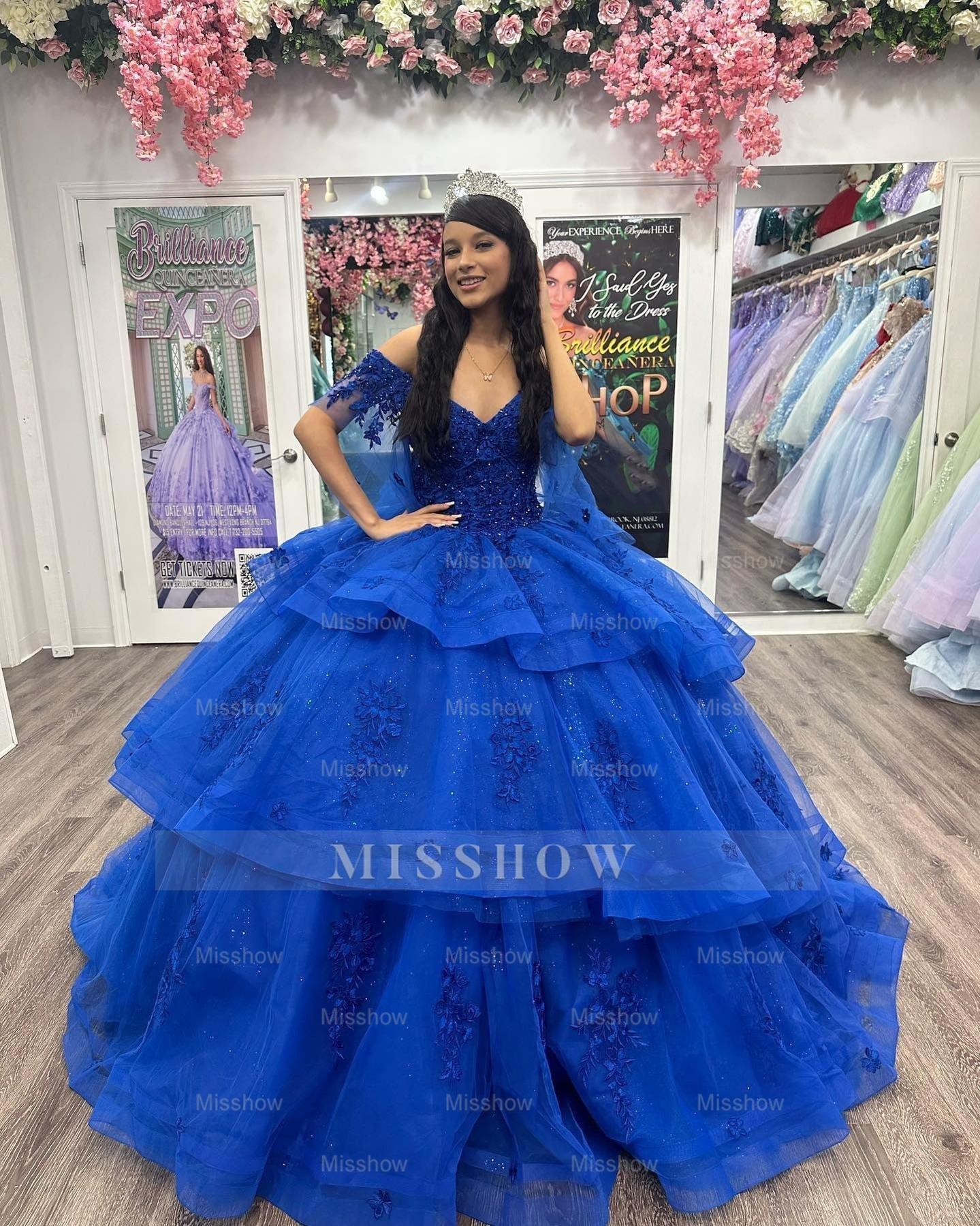 Misshow Royal Blue Ball Gown Off-Shoulder Lace Applique Beaded Tulle Princess Dress for Quinceanera & Sweet 16