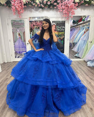 Misshow Royal Blue Ball Gown Off-Shoulder Lace Applique Beaded Tulle Princess Dress for Quinceanera & Sweet 16