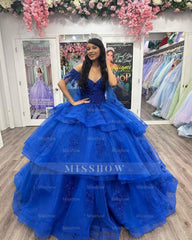 Misshow Royal Blue Ball Gown Off-Shoulder Lace Applique Beaded Tulle Princess Dress for Quinceanera & Sweet 16