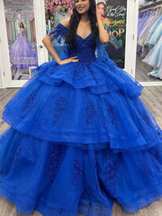Misshow Royal Blue Ball Gown Off-Shoulder Lace Applique Beaded Tulle Princess Dress for Quinceanera & Sweet 16