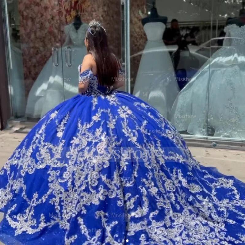 Misshow Royal Blue Ball Gown Off-Shoulder Lace Applique Beaded Tulle Quinceanera Dress for Prom Sweet 16 & Formal Events